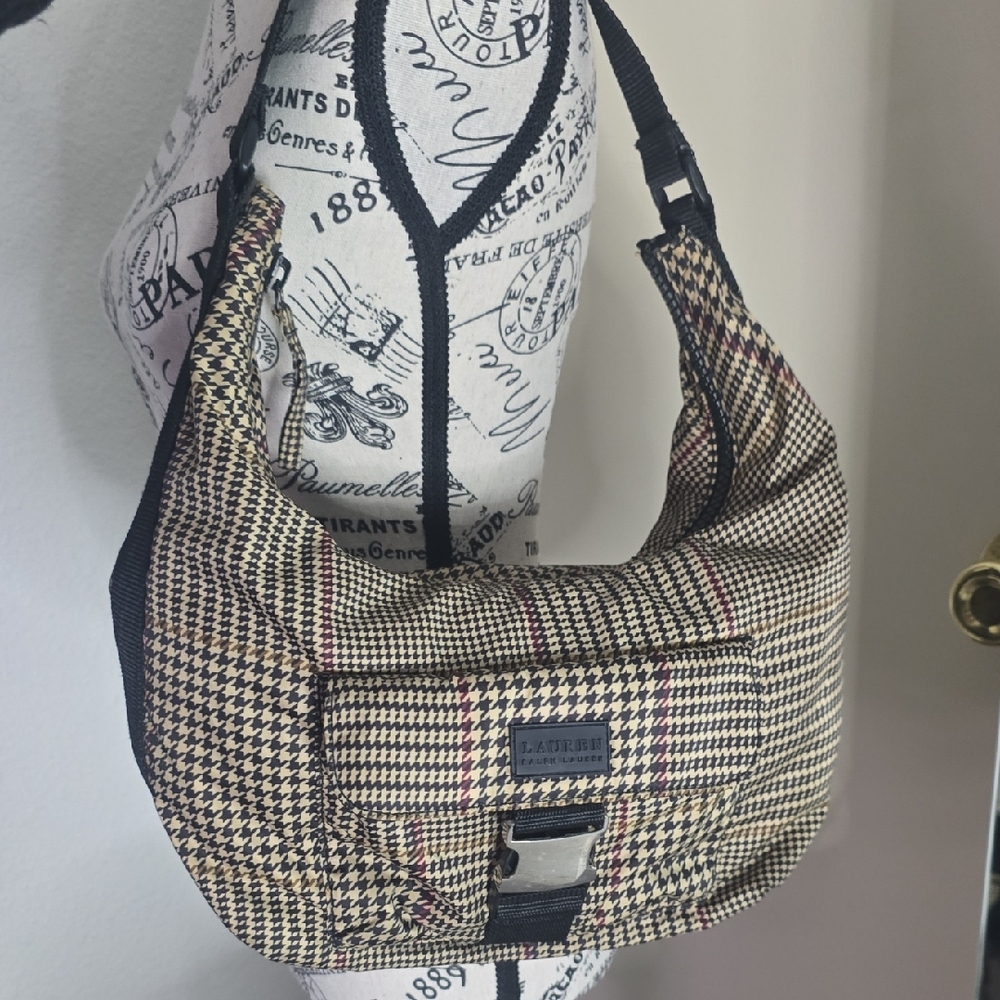 Ralph Lauren Nylon Colorful Houndstooth Shoulder Hobo Bag (EUC)🩶🤎🖤